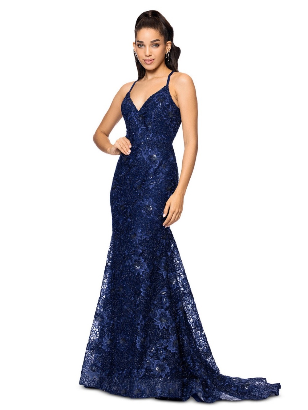 NWT Betsy & Adams Women's Embellished Lace Sleeveless Navy Gown, Size 6